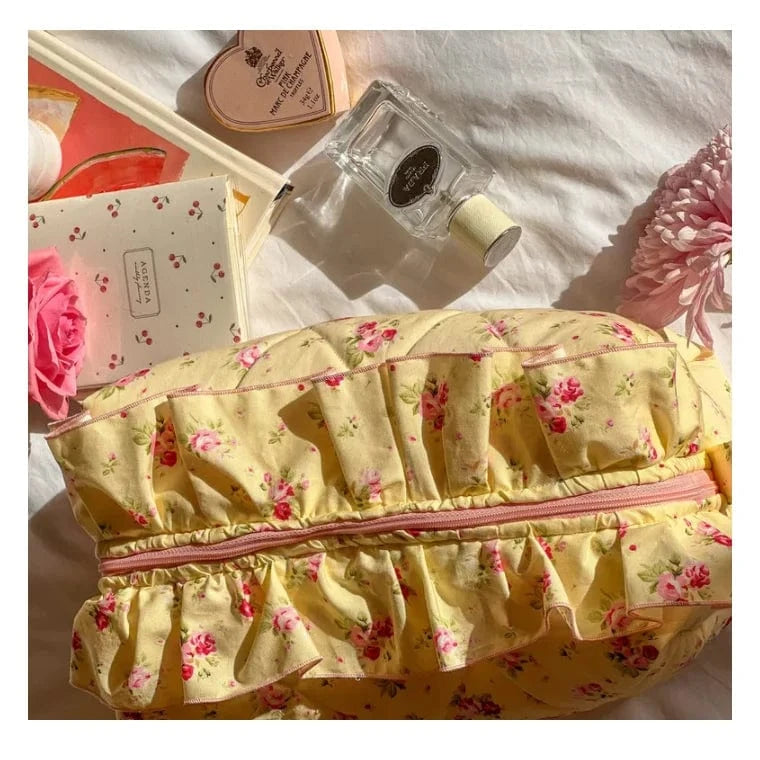 YY Handmade Makeup Bag Frilly Pink Floral Bow Pattern With Pink Gingham Lining Quilted Toiletry Travel cosmetic Skincare Bag.