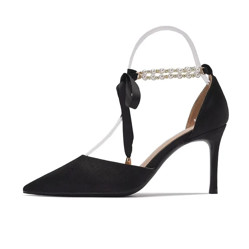 Z-53 Spring New White Pearls Bowknot Lace-up Women High Heels Stilettos Point Toe Ankle Wrap Sandal for Ladies