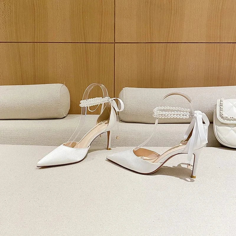 Z-53 Spring New White Pearls Bowknot Lace-up Women High Heels Stilettos Point Toe Ankle Wrap Sandal for Ladies