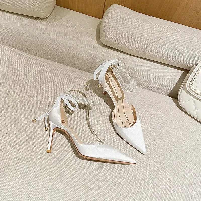 Z-53 Spring New White Pearls Bowknot Lace-up Women High Heels Stilettos Point Toe Ankle Wrap Sandal for Ladies