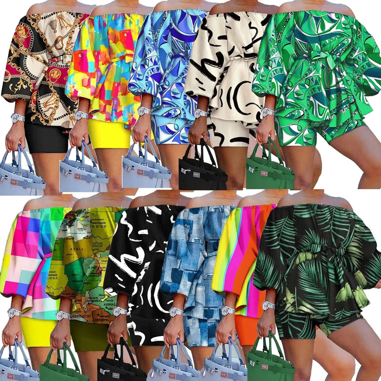 Z117802 2024 Print Ladies spring print Casual Off Shoulder Puff Sleeve plus size short sets women two piece for plus size women