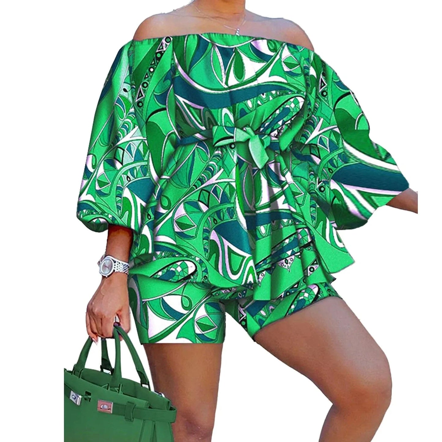 Z117802 2024 Print Ladies spring print Casual Off Shoulder Puff Sleeve plus size short sets women two piece for plus size women