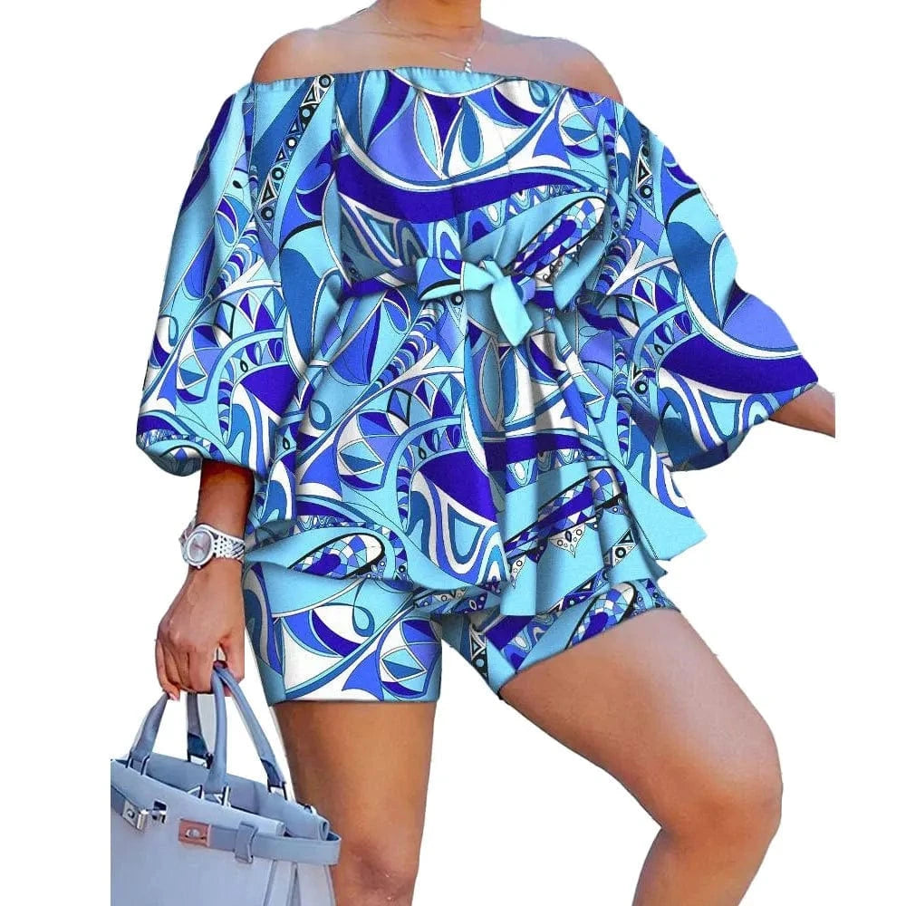 Z117802 2024 Print Ladies spring print Casual Off Shoulder Puff Sleeve plus size short sets women two piece for plus size women