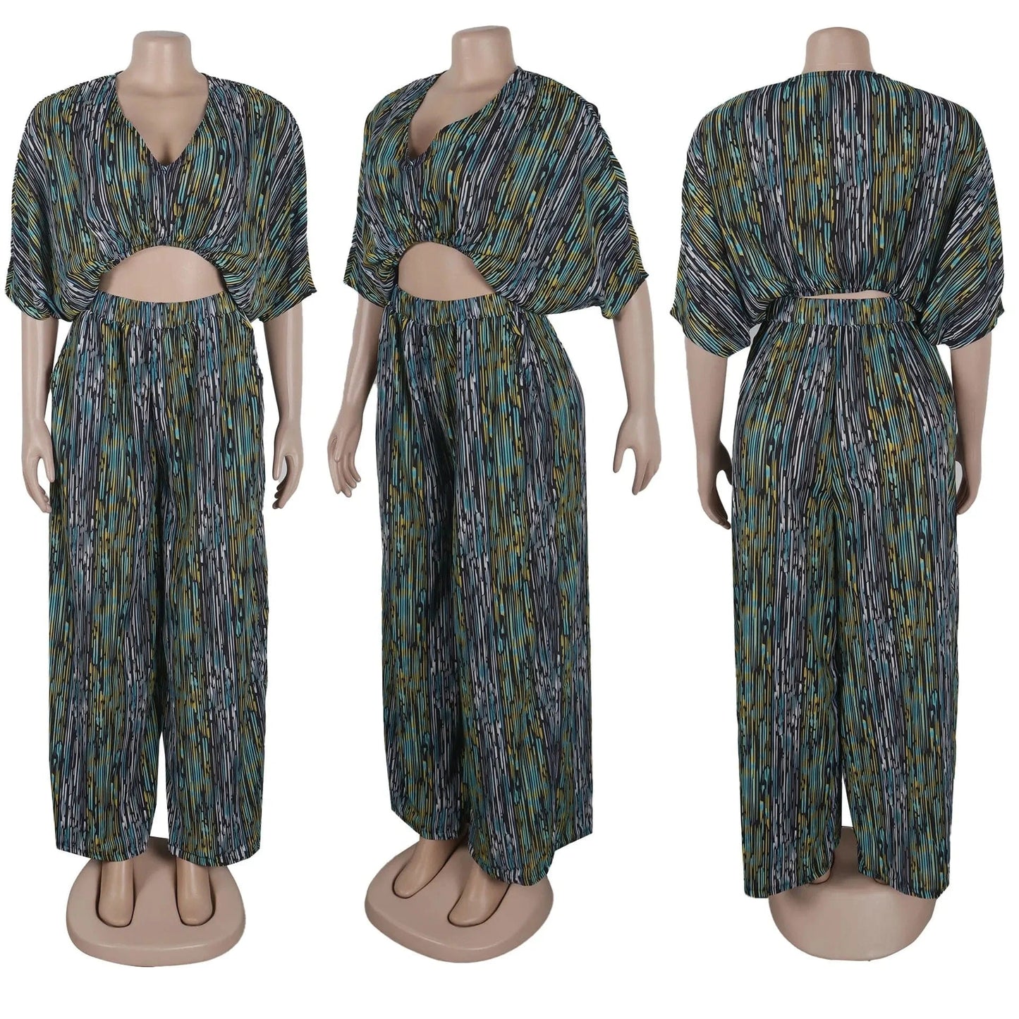 Z170267 2024 2 pieces lady deep V neck spring colorblock shirt & wide-leg pants set