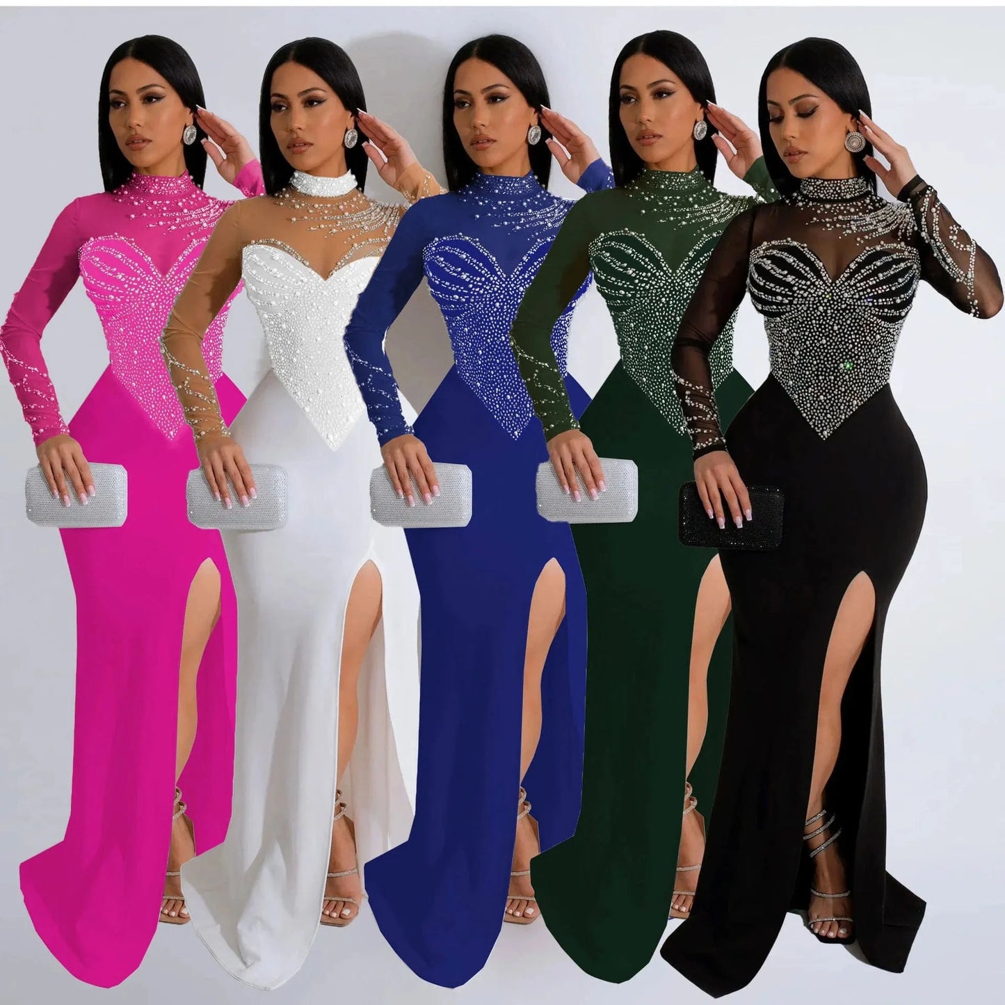 Z176368 2024 mesh gown elegant ball gown pearl evening dress diamond Tight Waist Hip Elastic Split dress