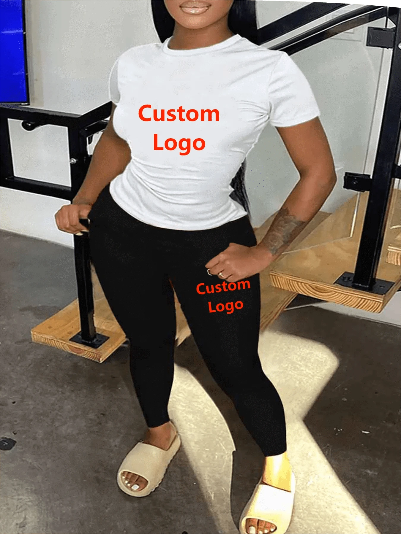 Z182573 2024 custom logo saint print T-shirt long pant long two-piece shirt and pants for women