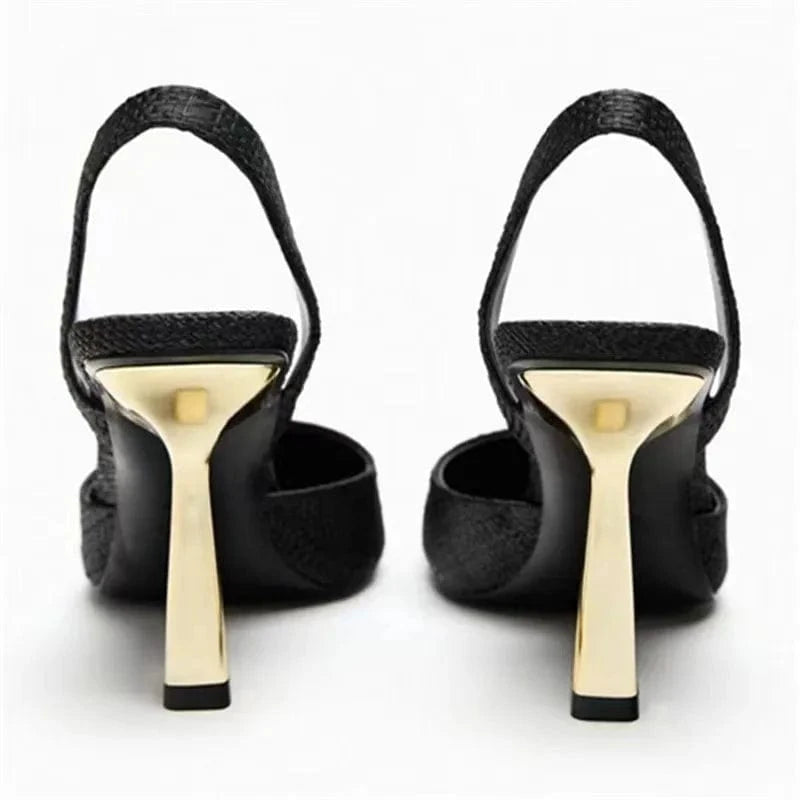 ZA2023 Spring New Women's Shoes Pure Color Temperament Pointy Toe Baotou Empty High Heel Cool Fashion Black Gold Sandals Luxury