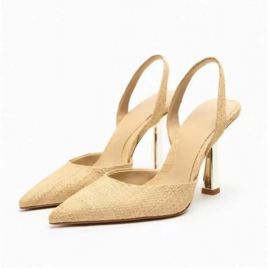 ZA2023 Spring New Women's Shoes Pure Color Temperament Pointy Toe Baotou Empty High Heel Cool Fashion Black Gold Sandals Luxury