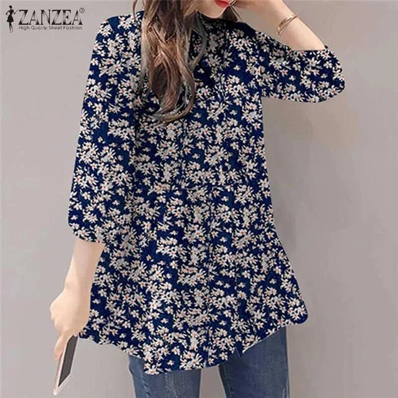 ZANZEA 2024 Summer Shirt Women Floral Prined Bohemian Stand Collar 3/4 Sleeve Casual Vintage Elegant Blusas Loose Tunic Tops