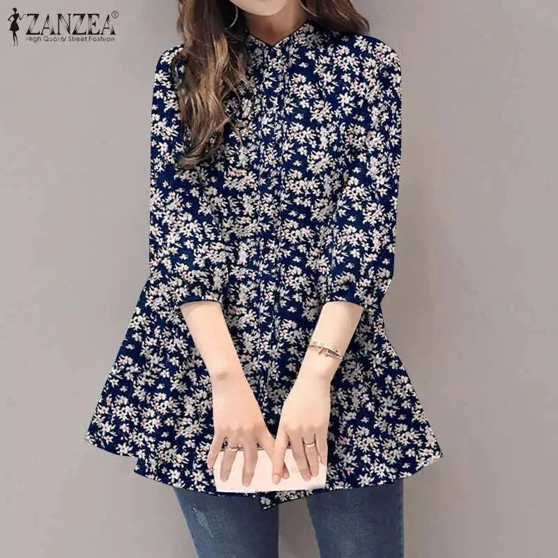 ZANZEA 2024 Summer Shirt Women Floral Prined Bohemian Stand Collar 3/4 Sleeve Casual Vintage Elegant Blusas Loose Tunic Tops