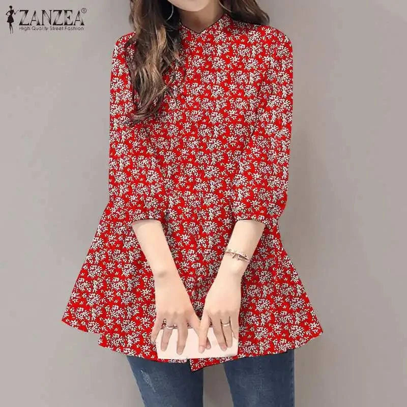 ZANZEA 2024 Summer Shirt Women Floral Prined Bohemian Stand Collar 3/4 Sleeve Casual Vintage Elegant Blusas Loose Tunic Tops