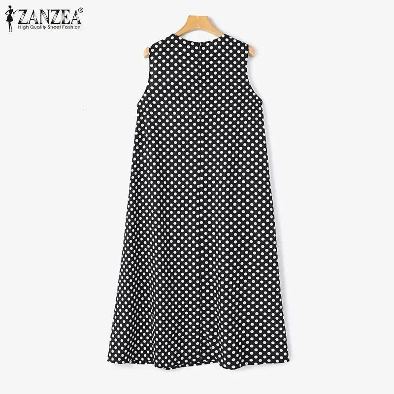 ZANZEA Bohemian Point Dot Printed Dress Women Summer Vestidos 2024 Elegant Sexy Sleeveless Casual Loose Vintage Beach Sundress