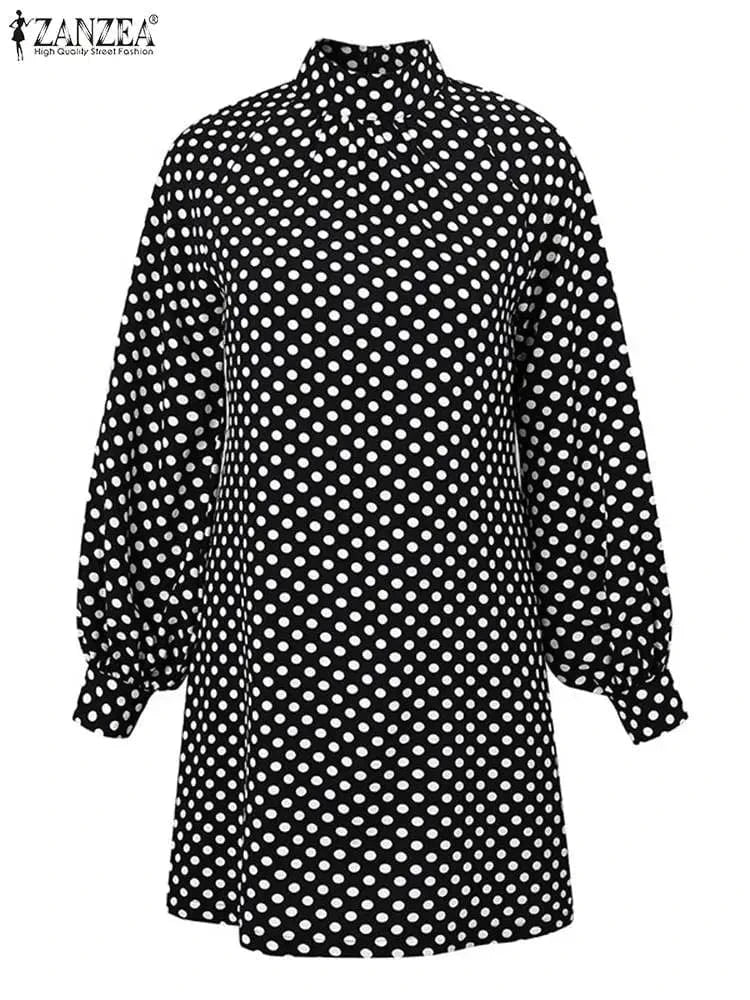 ZANZEA Bohemian Printed Vestidos 2024 Women Turtleneck Dresses Casual Zipper Mini Sundress Fashion Lantern Long Sleeve Robe