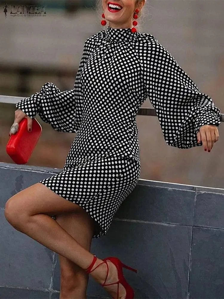 ZANZEA Bohemian Printed Vestidos 2024 Women Turtleneck Dresses Casual Zipper Mini Sundress Fashion Lantern Long Sleeve Robe