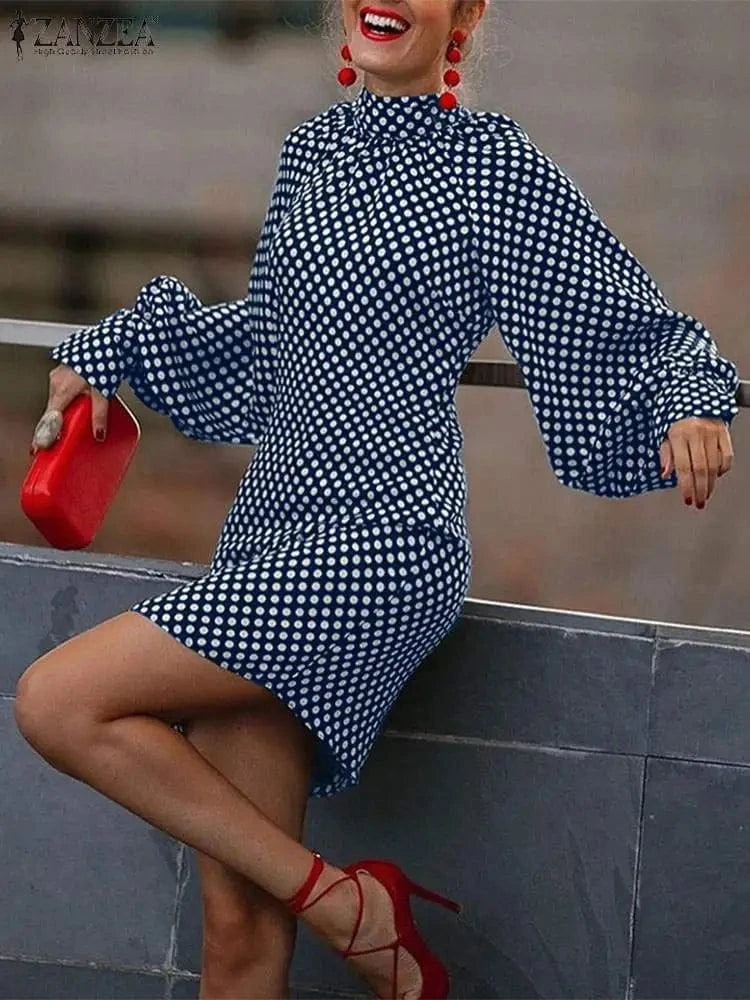 ZANZEA Bohemian Printed Vestidos 2024 Women Turtleneck Dresses Casual Zipper Mini Sundress Fashion Lantern Long Sleeve Robe