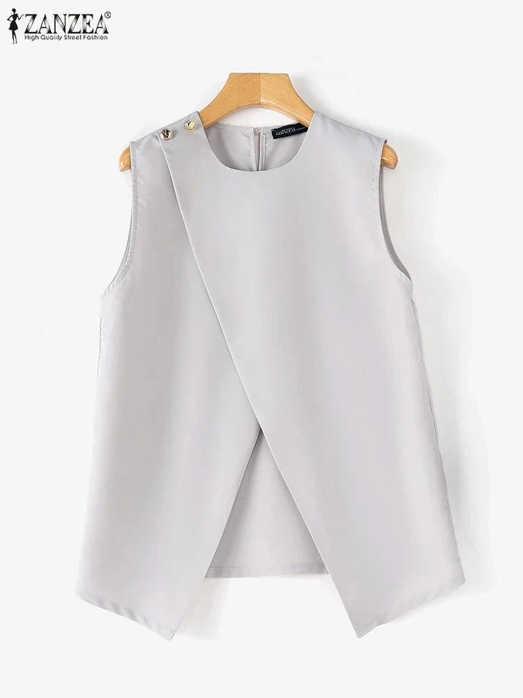 ZANZEA Elegant Round Neck Tank Tops Women Office Lady Buttons Camis 2024 Summer Sleeveless Tanks Fashion Irregular Solid Vests