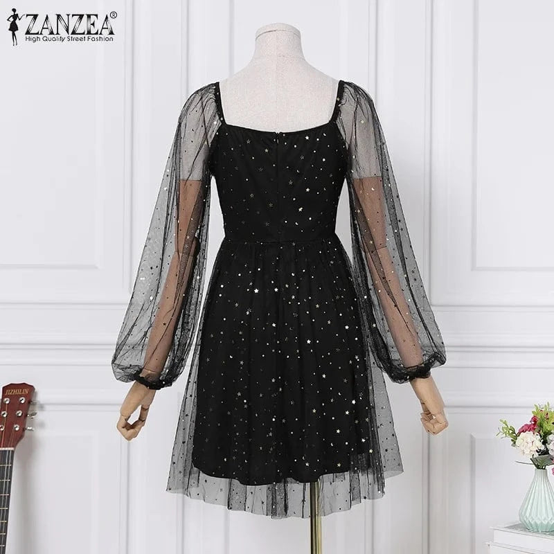 ZANZEA Elegant Women Dress 2024 Spring Summer Lace Patchwork Knee Length Dresses Casual Solid Long Sleeve A-line Oversized Robe