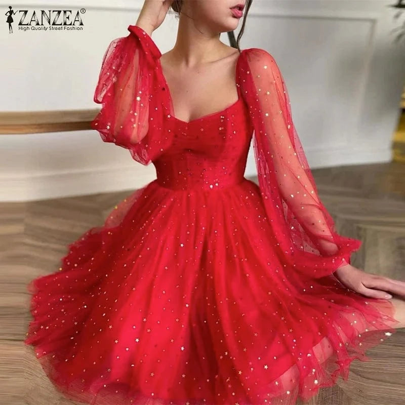 ZANZEA Elegant Women Dress 2024 Spring Summer Lace Patchwork Knee Length Dresses Casual Solid Long Sleeve A-line Oversized Robe