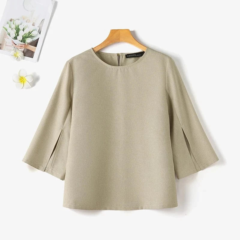 ZANZEA Fashion 3/4 Sleeve Crewneck Blusas Women Solid Blouse Casual Loose Split Cuff Tops 2024 Summer Korean Holiday Tunics