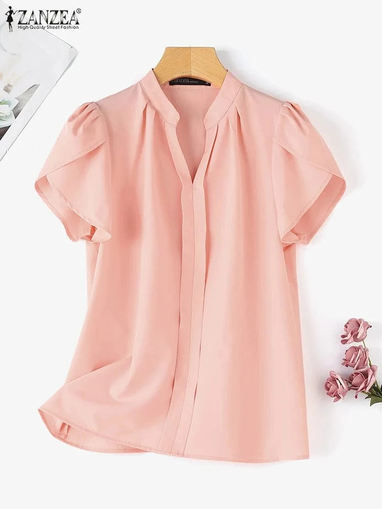 ZANZEA Formal Office V-neck Blusas Women Chiffon Blouses Elegant Ruffles Short Sleeve Tops 2024 Summer Solid Pleating Shirts