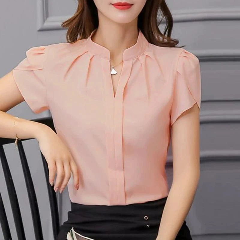 ZANZEA Formal Office V-neck Blusas Women Chiffon Blouses Elegant Ruffles Short Sleeve Tops 2024 Summer Solid Pleating Shirts