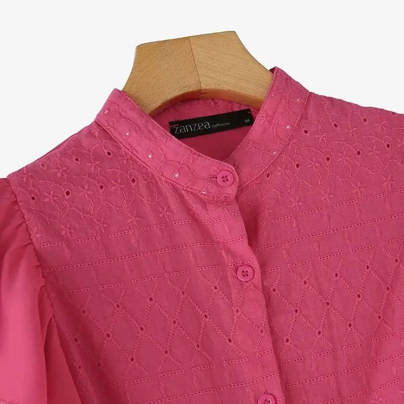 ZANZEA Korean Fashion Lace Shirt Women Ruffle Short Sleeves Tops 2024 Summer Designer Blouse Office Lady Lapel Neck Buttons Tops