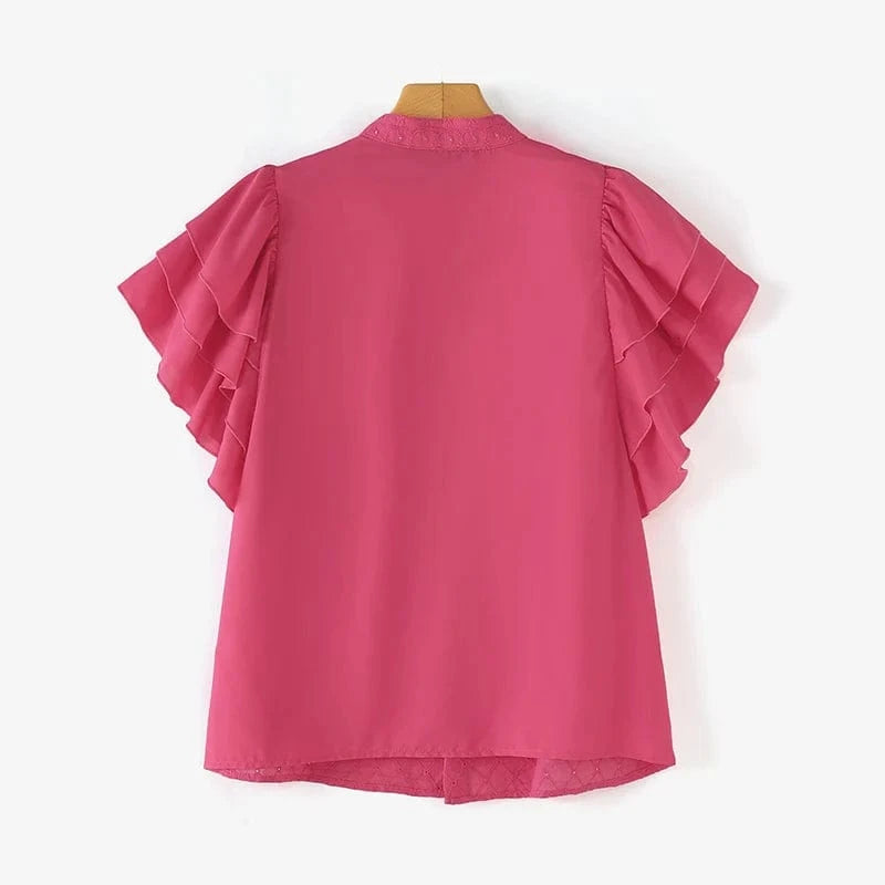 ZANZEA Korean Fashion Lace Shirt Women Ruffle Short Sleeves Tops 2024 Summer Designer Blouse Office Lady Lapel Neck Buttons Tops