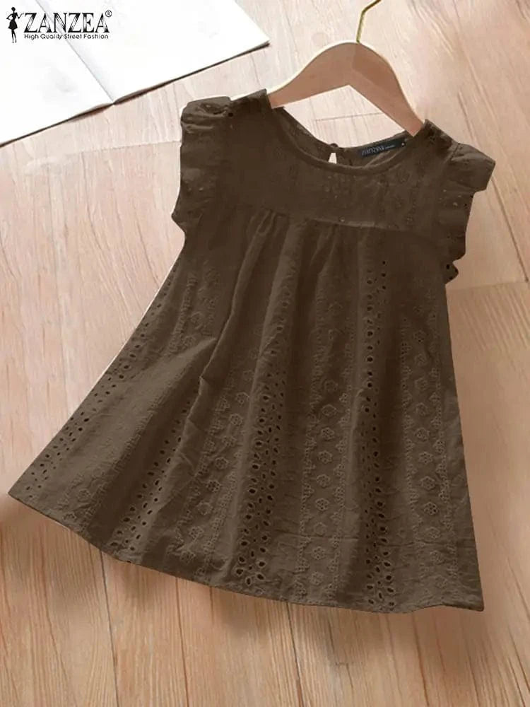 ZANZEA Summer Korean Lace Cotton Vest Women White Cap Sleeve Tanks Blouse Fashion Hollow Out Ruffle Camis Sweety O-neck Tank Top