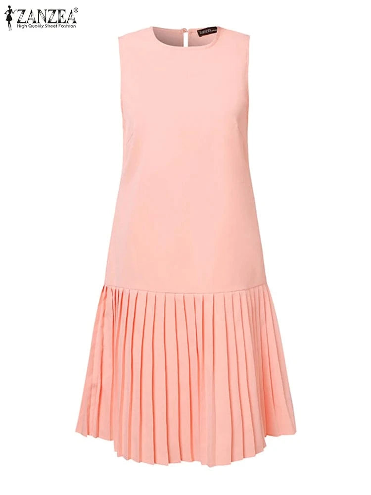 ZANZEA Summer Women Sleeveless Mini Dress 2024 Elegant Party Tank Vestidos Ladies Casual Solid Color Pleated Short Sundress
