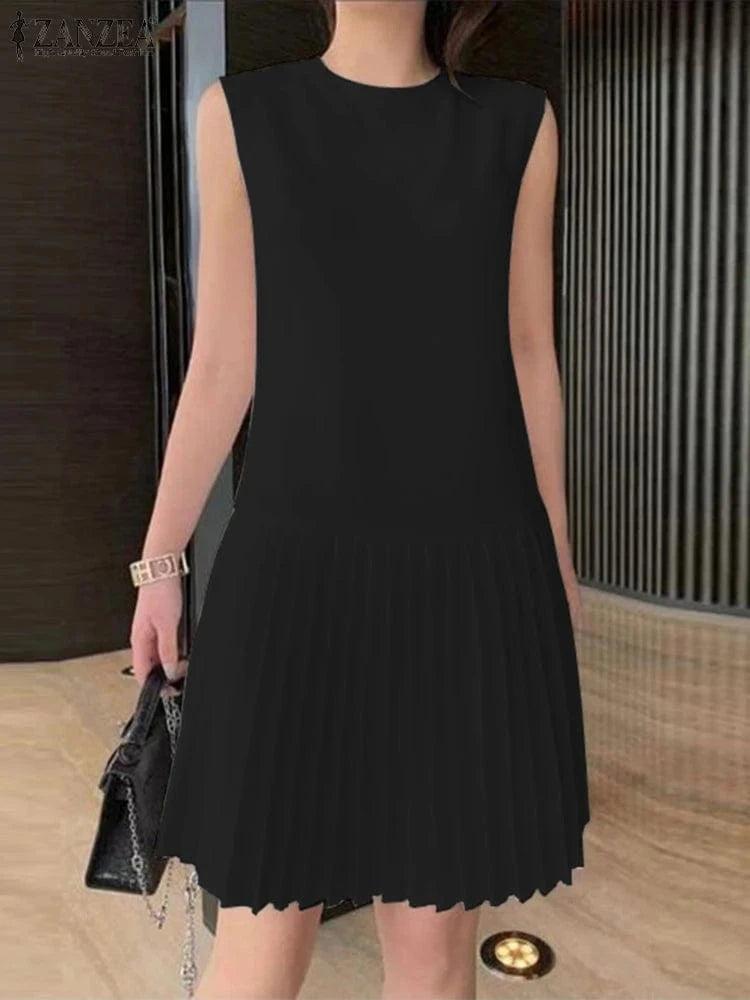 ZANZEA Summer Women Sleeveless Mini Dress 2024 Elegant Party Tank Vestidos Ladies Casual Solid Color Pleated Short Sundress