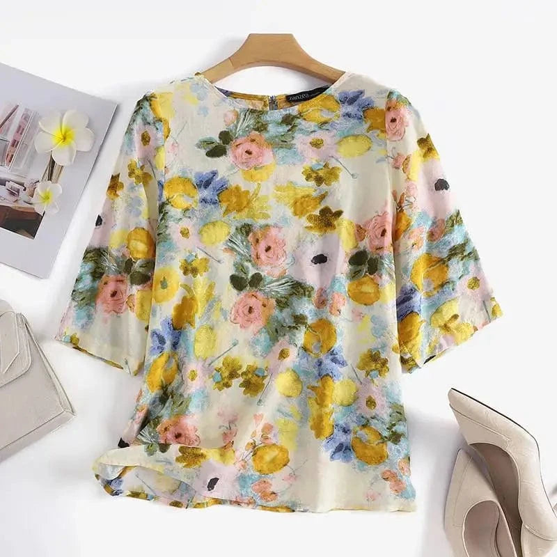 ZANZEA Women Cotton Linen Blouses 2024 Summer Bohemian Floral Printed Blusas Fashion 3/4 Sleeve O-Neck Top Casual Loose Shirts