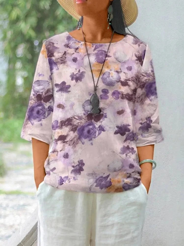 ZANZEA Women Cotton Linen Blouses 2024 Summer Bohemian Floral Printed Blusas Fashion 3/4 Sleeve O-Neck Top Casual Loose Shirts