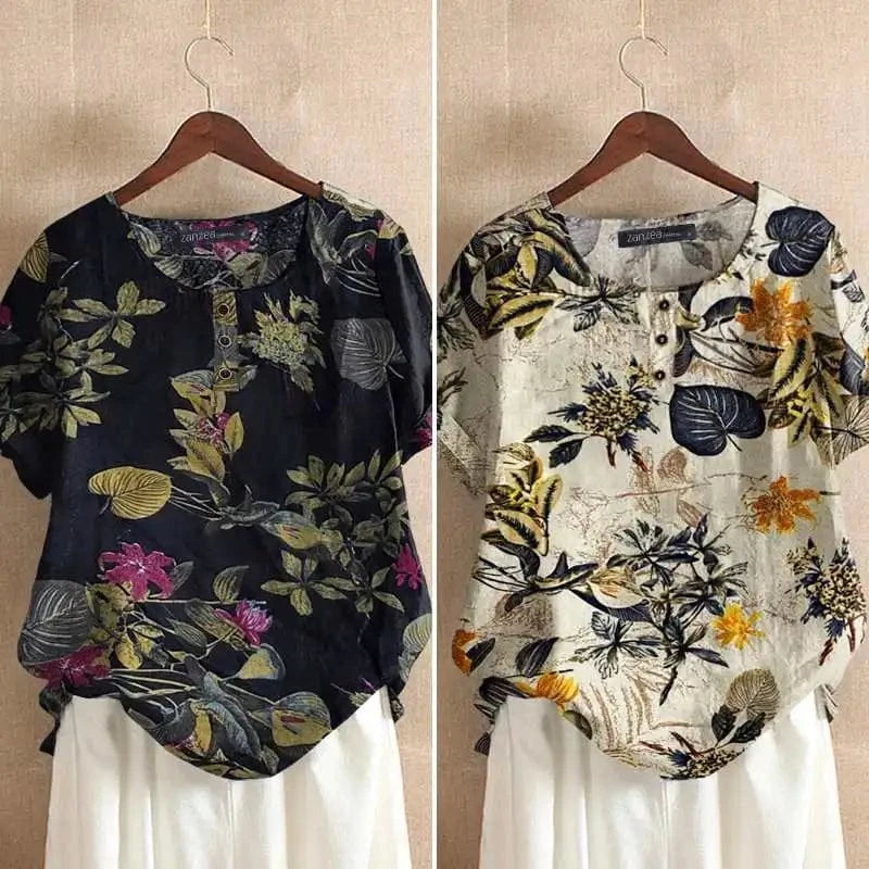 ZANZEA Women Cotton Shirt Fashion Floral Printed Tops Ladies Kaftan Chemise 2024 Summer Short Sleeve Blouses Causal O-neck Tunic