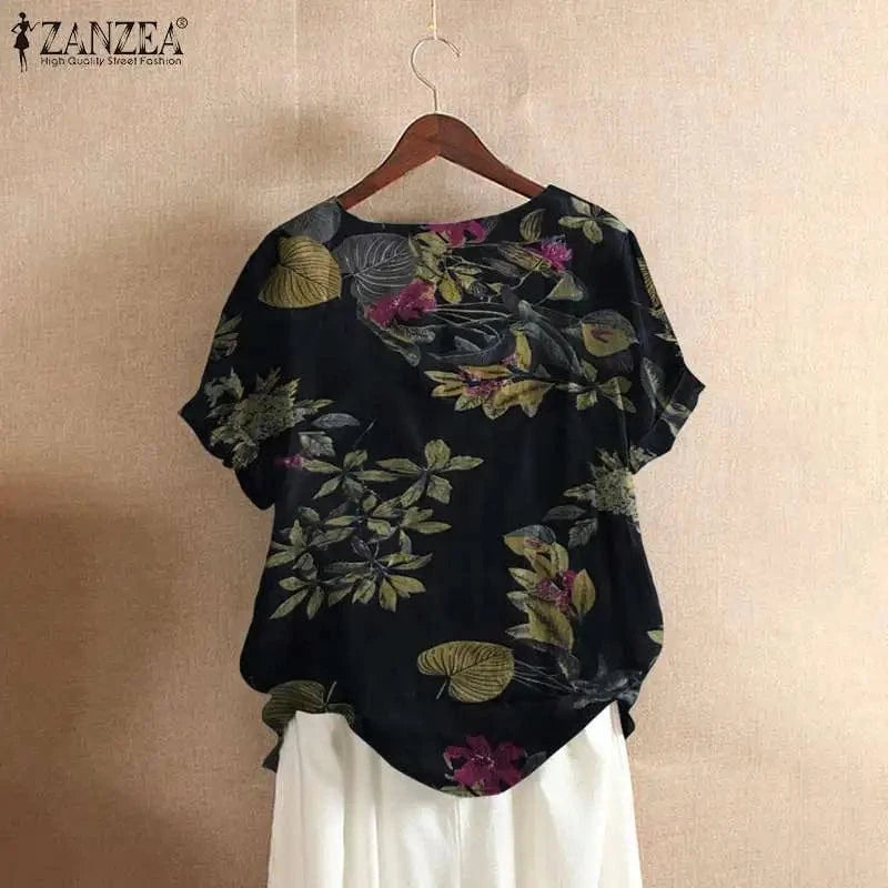ZANZEA Women Cotton Shirt Fashion Floral Printed Tops Ladies Kaftan Chemise 2024 Summer Short Sleeve Blouses Causal O-neck Tunic