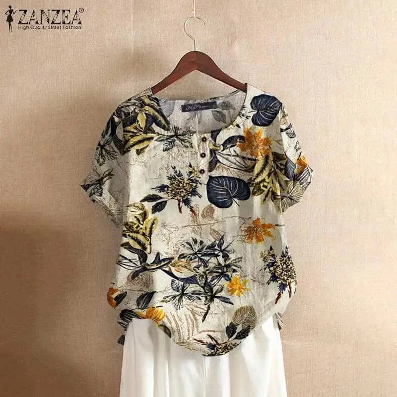 ZANZEA Women Cotton Shirt Fashion Floral Printed Tops Ladies Kaftan Chemise 2024 Summer Short Sleeve Blouses Causal O-neck Tunic