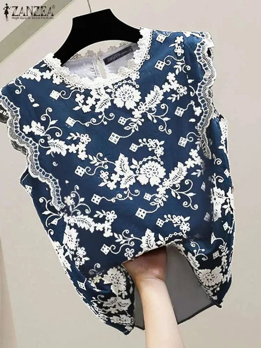 ZANZEA Women Floral Print Tanks Vintage Summer Sleeveless Vests 2024 Retro Lace Stitching Tunic Casual Loose Colorblock Tank Top