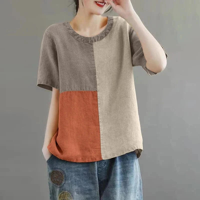 ZANZEA Women Patchwork Blouse 2024 Summer Short Sleeve Tunics Fashion Round Neck Shirts Casual Loose Holiday Cotton Linen Tops