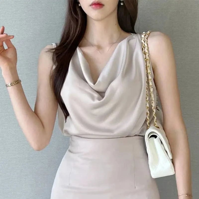 ZANZEA Women Satin Tank Tops Elegant Cowl Neck Sleeveless Blouse Korean Fashion Silk Solid Color Tanks Office Lady Sexy Camisole