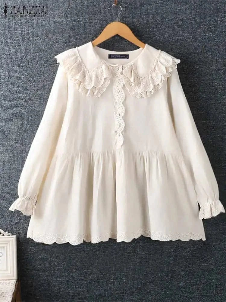 ZANZEA Women Shirts Sweety Doll Collar Tunics Leisure Long Flare Sleeve Button Tops Holiday Lace Crochet Patchwork Solid Blouse