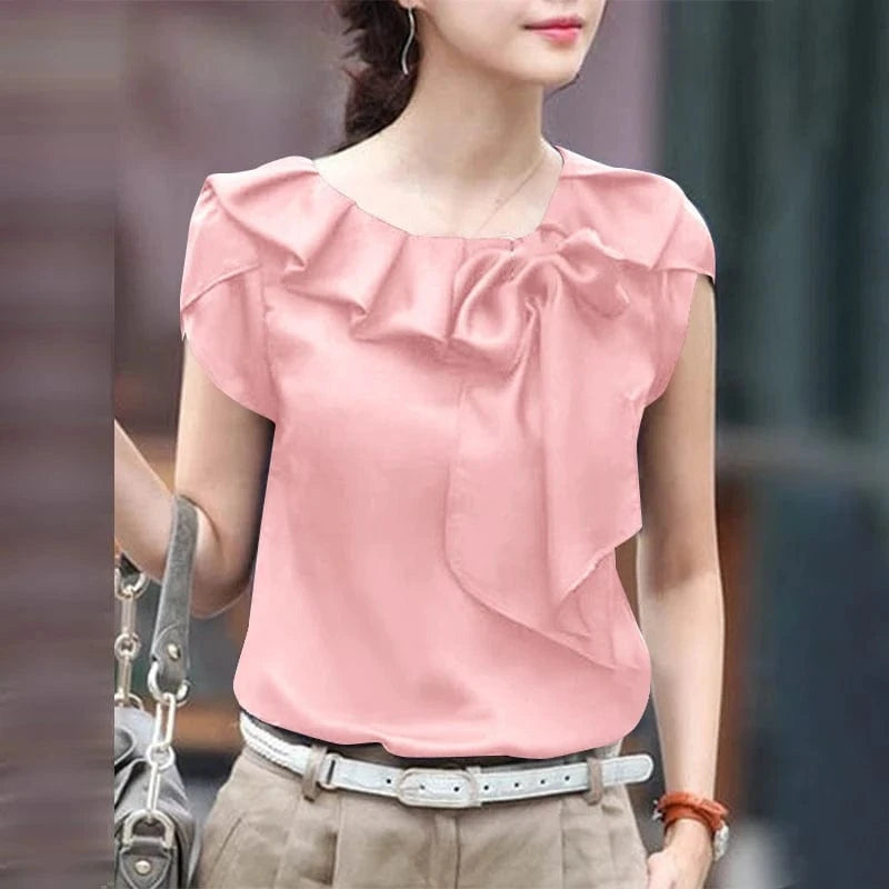 ZANZEA Women Short Sleeve Blouse Elegant Round Neck Tunics Office Lady Bowknot Stitching Shirt Casual Loose Solid Twisted Tops