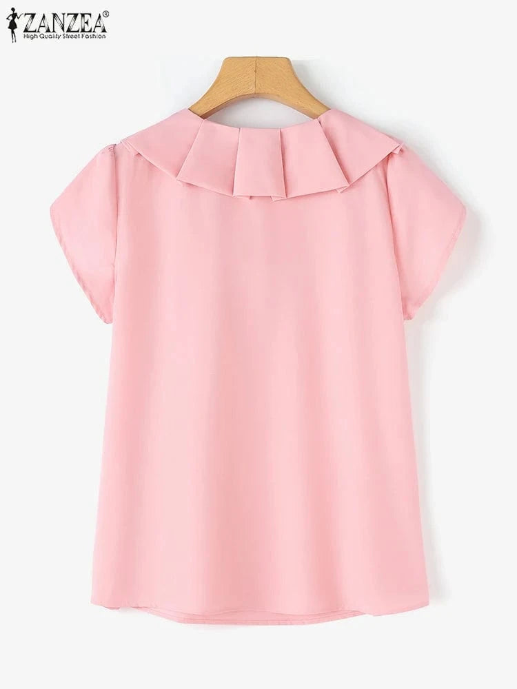 ZANZEA Women Short Sleeve Blouse Elegant Round Neck Tunics Office Lady Bowknot Stitching Shirt Casual Loose Solid Twisted Tops