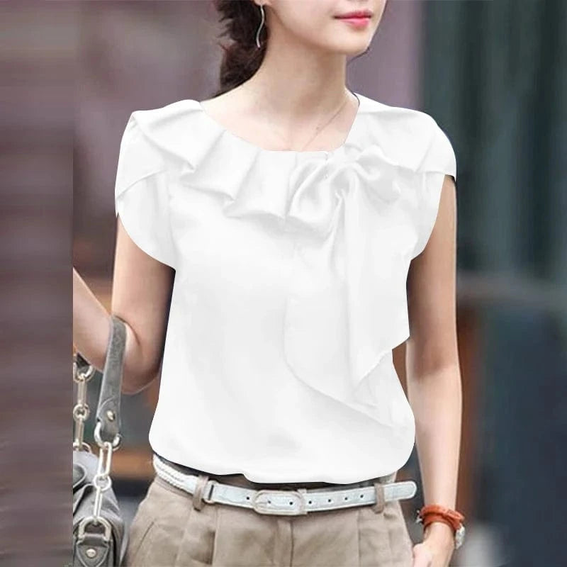 ZANZEA Women Short Sleeve Blouse Elegant Round Neck Tunics Office Lady Bowknot Stitching Shirt Casual Loose Solid Twisted Tops