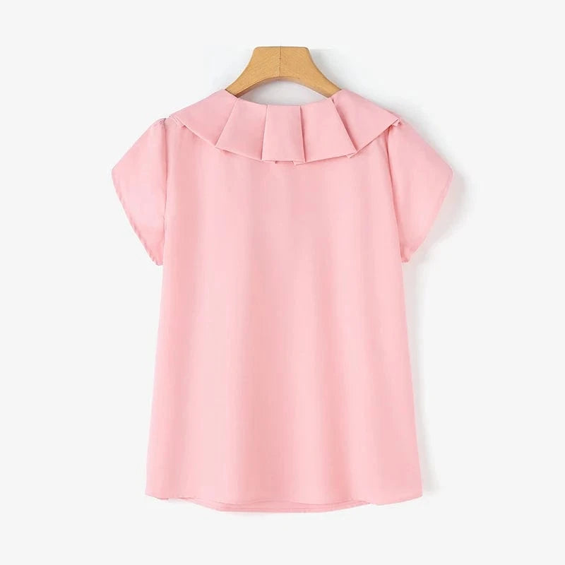 ZANZEA Women Short Sleeve Blouse Elegant Round Neck Tunics Office Lady Bowknot Stitching Shirt Casual Loose Solid Twisted Tops