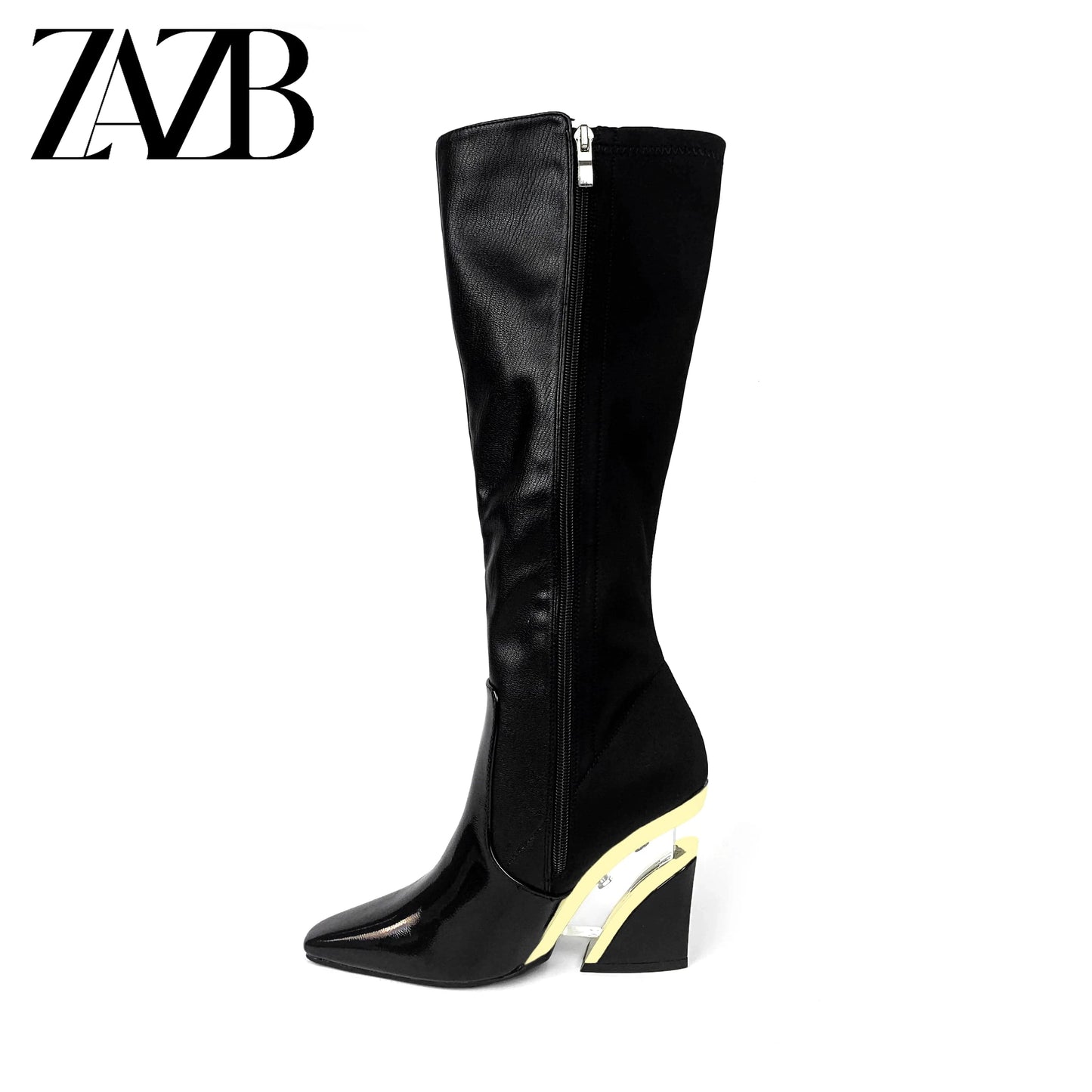 ZAZB Autumn and Winter High Leg Knee Boots High Heel Leather Unique Heel Black Knight Boots