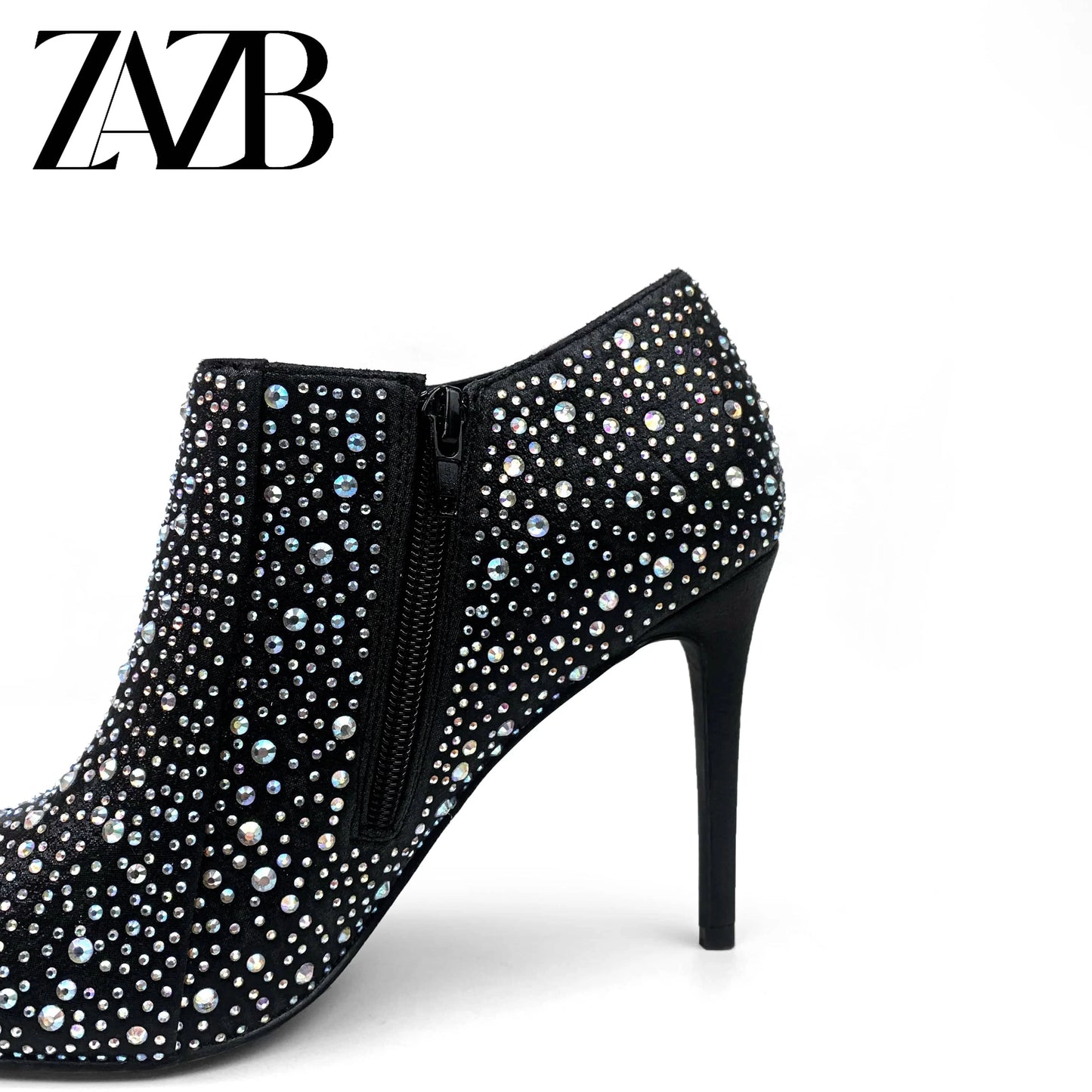ZAZB Autumn New Women's Boot with Black Broken Diamonds and Fine Heel High Elastic Mid length Boots