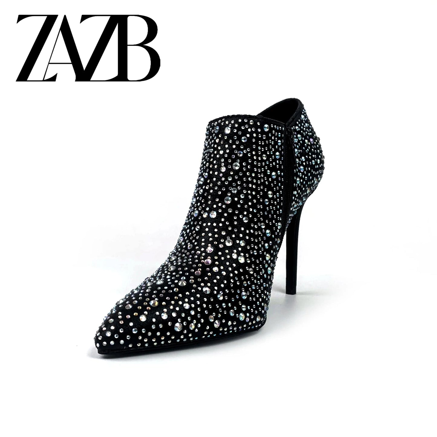 ZAZB Autumn New Women's Boot with Black Broken Diamonds and Fine Heel High Elastic Mid length Boots