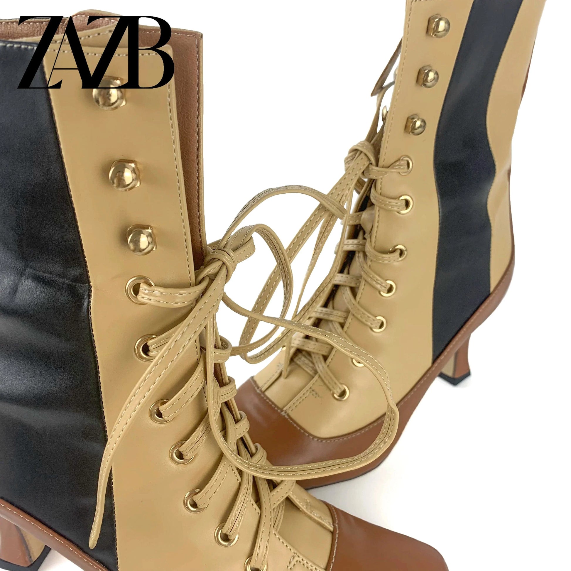 ZAZB Winter pointed women's mid length short boots with thin heels and lace up black women's ankle leather shoes