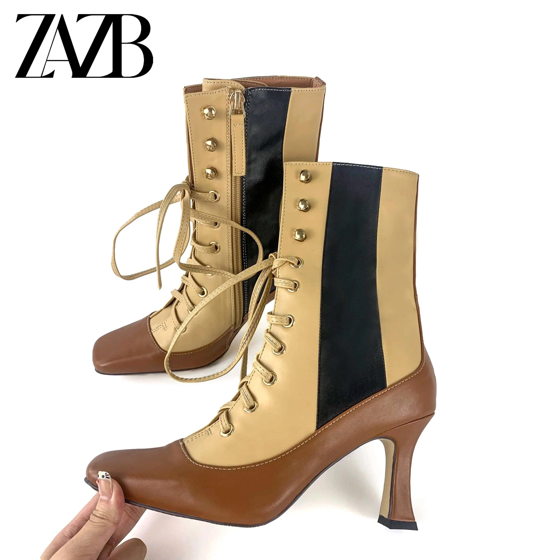 ZAZB Winter pointed women's mid length short boots with thin heels and lace up black women's ankle leather shoes