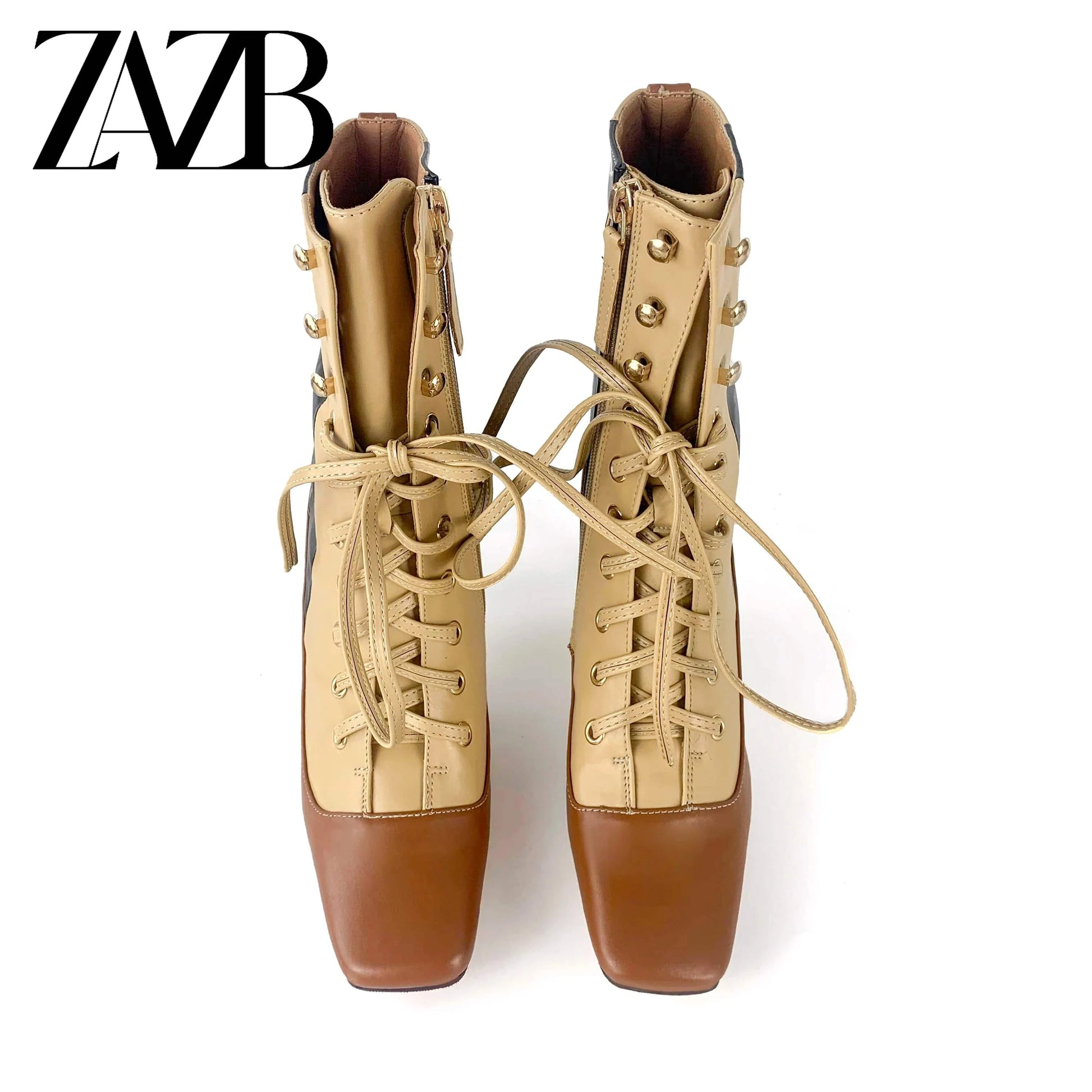 ZAZB Winter pointed women's mid length short boots with thin heels and lace up black women's ankle leather shoes