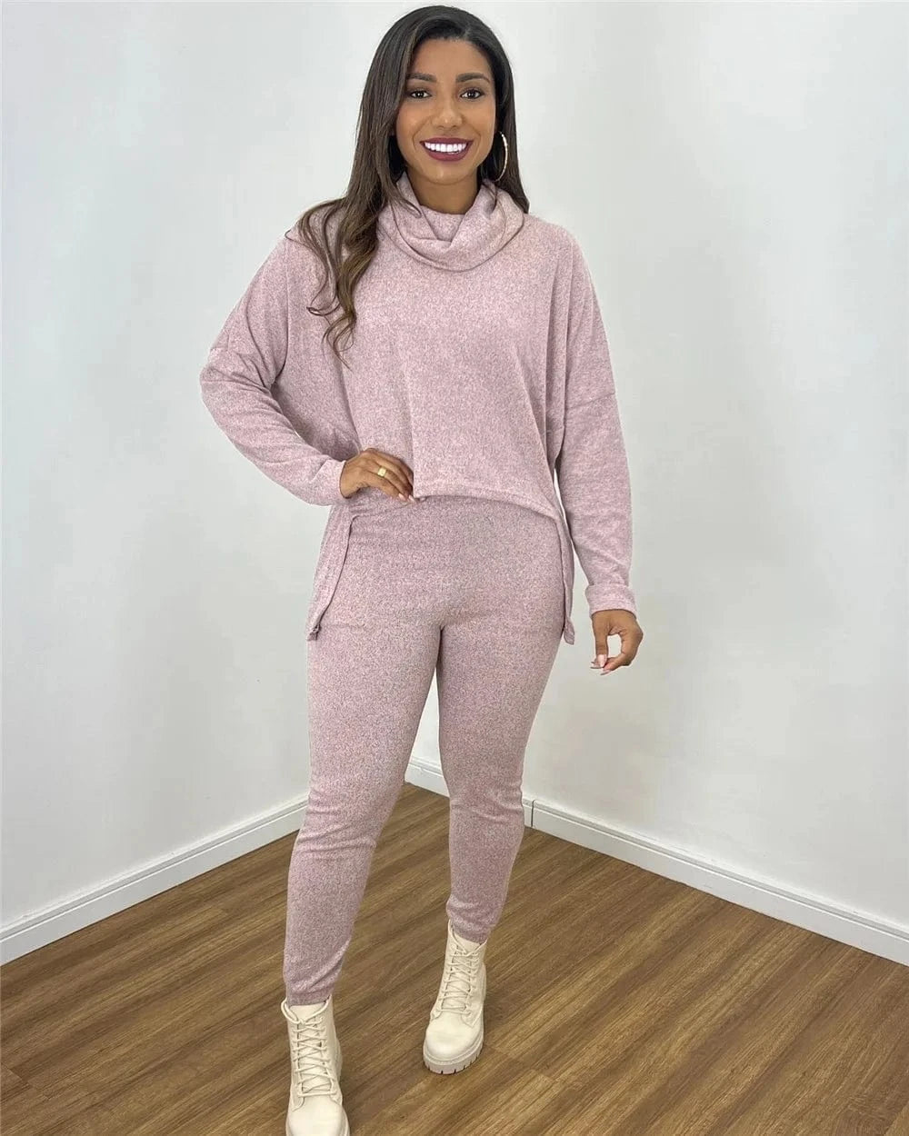 ZHEZHE 2024 Autumn And Winter Women's Solid Color High Neck Sweatshirts And Gym Leggings 2 Piece Set Women Lounge Wear